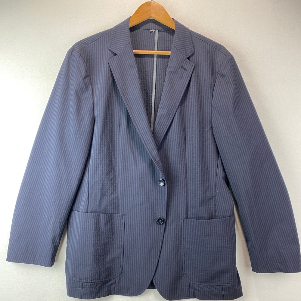 Strellson 11 Addy2 Slim Fit Blazer Men 52 Navy Blue Italian Fabric Stripe Jacket